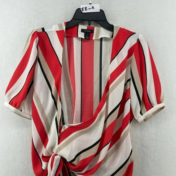 Halogen Wrap Blouse Women's Sz XS Coral Red White Striped Puff Sleeves Sheer - Picture 6 of 9